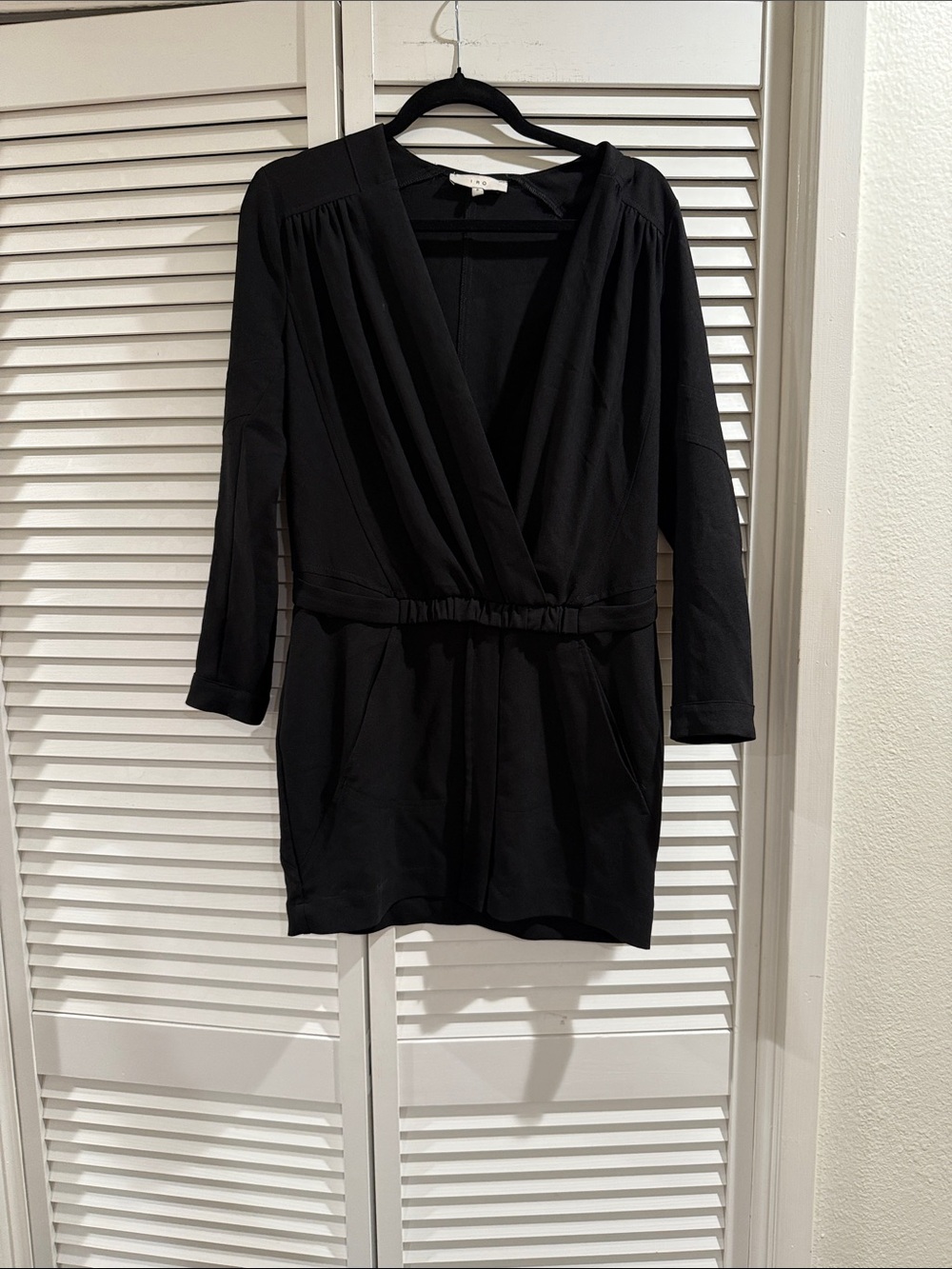 IRO Black Long-Sleeve Mini Dress with V-Neck